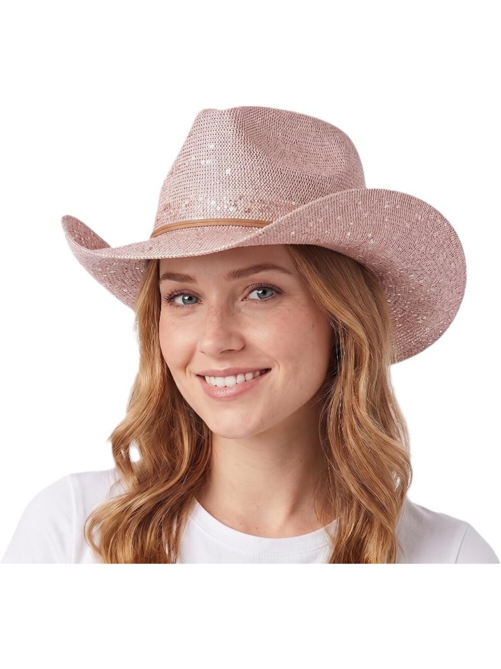 Women's Rose Pink Sparkly Sequin Suede String Trim Party Cowboy Western Hat
